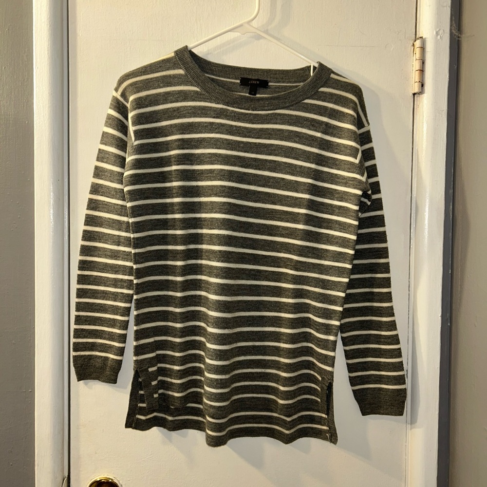 J.Crew Striped Leather Panel Swing Sweater in Gray and Ivory